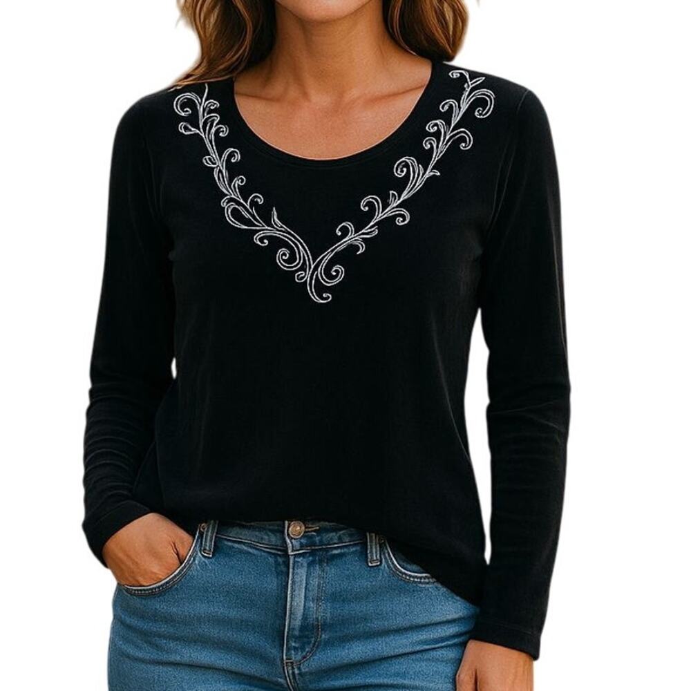 Chico's Travelers Black Slinky V-Neck Silver Embroidery Long Sleeve Top Size 3